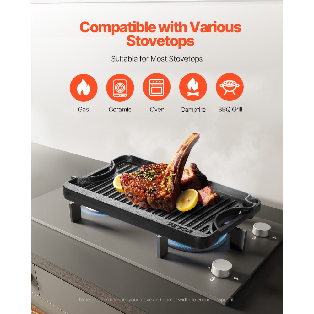 VEVOR Plancha de Hierro Fundido Reversible(185 x 342 mm), Sartén para Barbacoa Rectangular Portátil con Asa, Utensilios de Cocina Familiares para Interiores y Exteriores, Parrilla, Color Negro