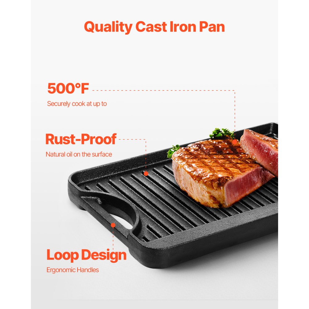 VEVOR Plancha de Hierro Fundido Reversible(185 x 342 mm), Sartén para Barbacoa Rectangular Portátil con Asa, Utensilios de Cocina Familiares para Interiores y Exteriores, Parrilla, Color Negro