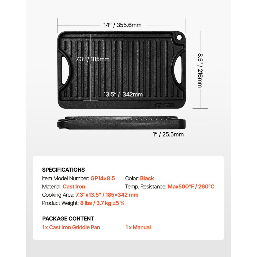 VEVOR Plancha de Hierro Fundido Reversible(185 x 342 mm), Sartén para Barbacoa Rectangular Portátil con Asa, Utensilios de Cocina Familiares para Interiores y Exteriores, Parrilla, Color Negro
