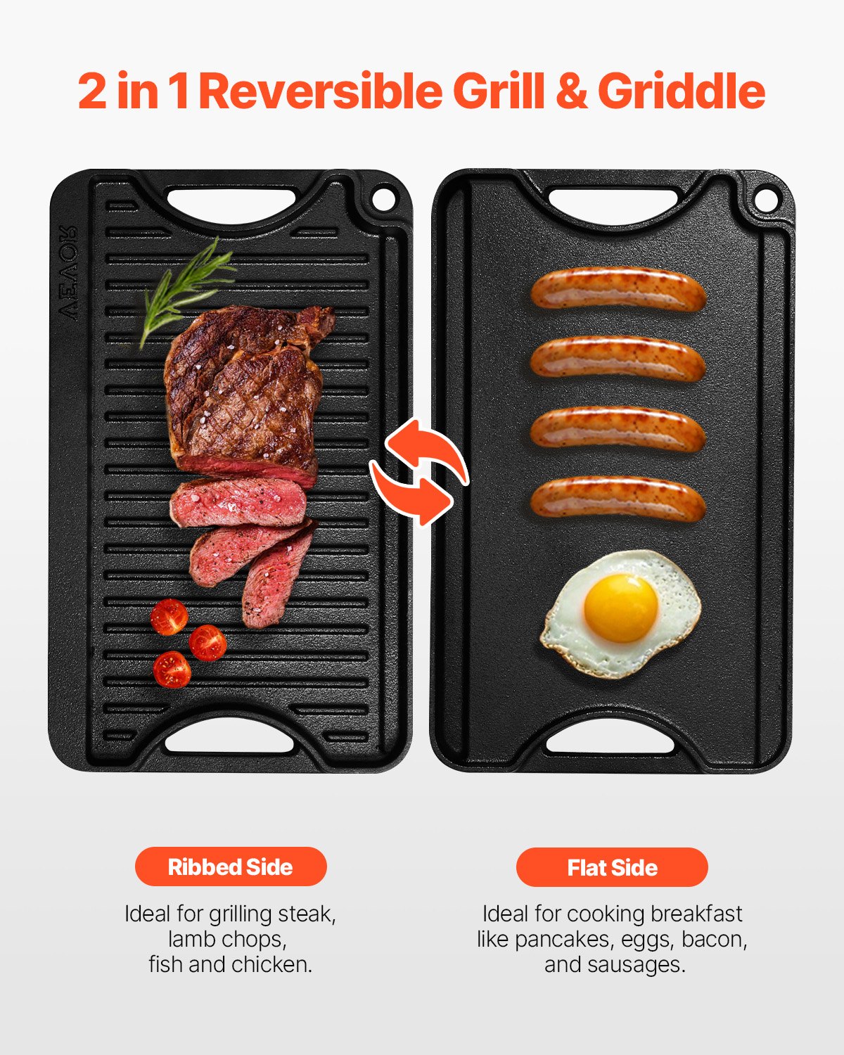 VEVOR Plancha de Hierro Fundido Reversible(185 x 342 mm), Sartén para Barbacoa Rectangular Portátil con Asa, Utensilios de Cocina Familiares para Interiores y Exteriores, Parrilla, Color Negro