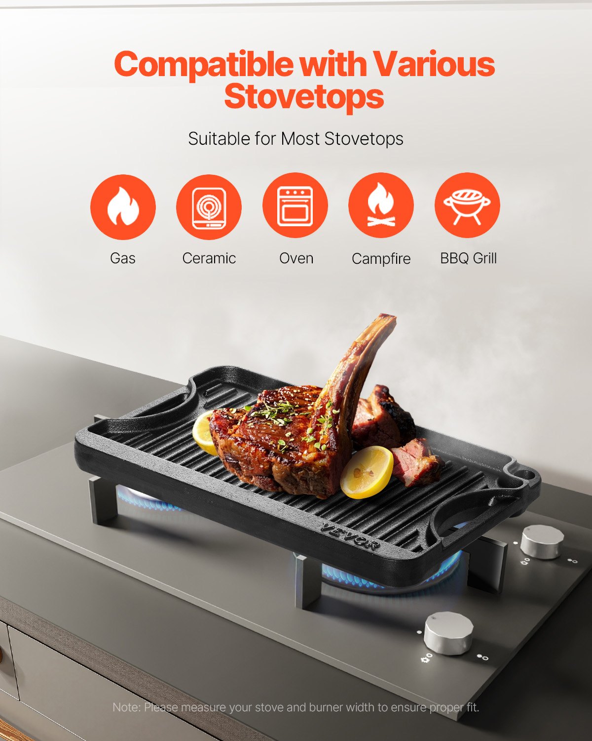 VEVOR Plancha de Hierro Fundido Reversible(185 x 342 mm), Sartén para Barbacoa Rectangular Portátil con Asa, Utensilios de Cocina Familiares para Interiores y Exteriores, Parrilla, Color Negro
