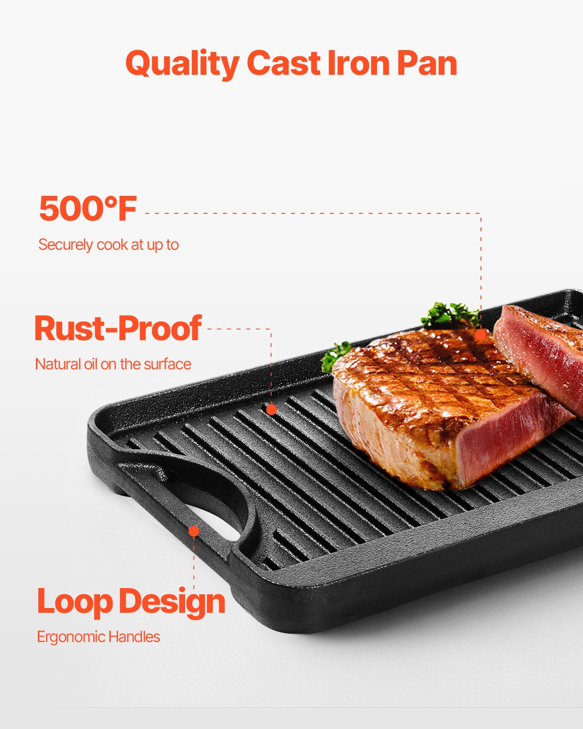 VEVOR Plancha de Hierro Fundido Reversible(185 x 342 mm), Sartén para Barbacoa Rectangular Portátil con Asa, Utensilios de Cocina Familiares para Interiores y Exteriores, Parrilla, Color Negro