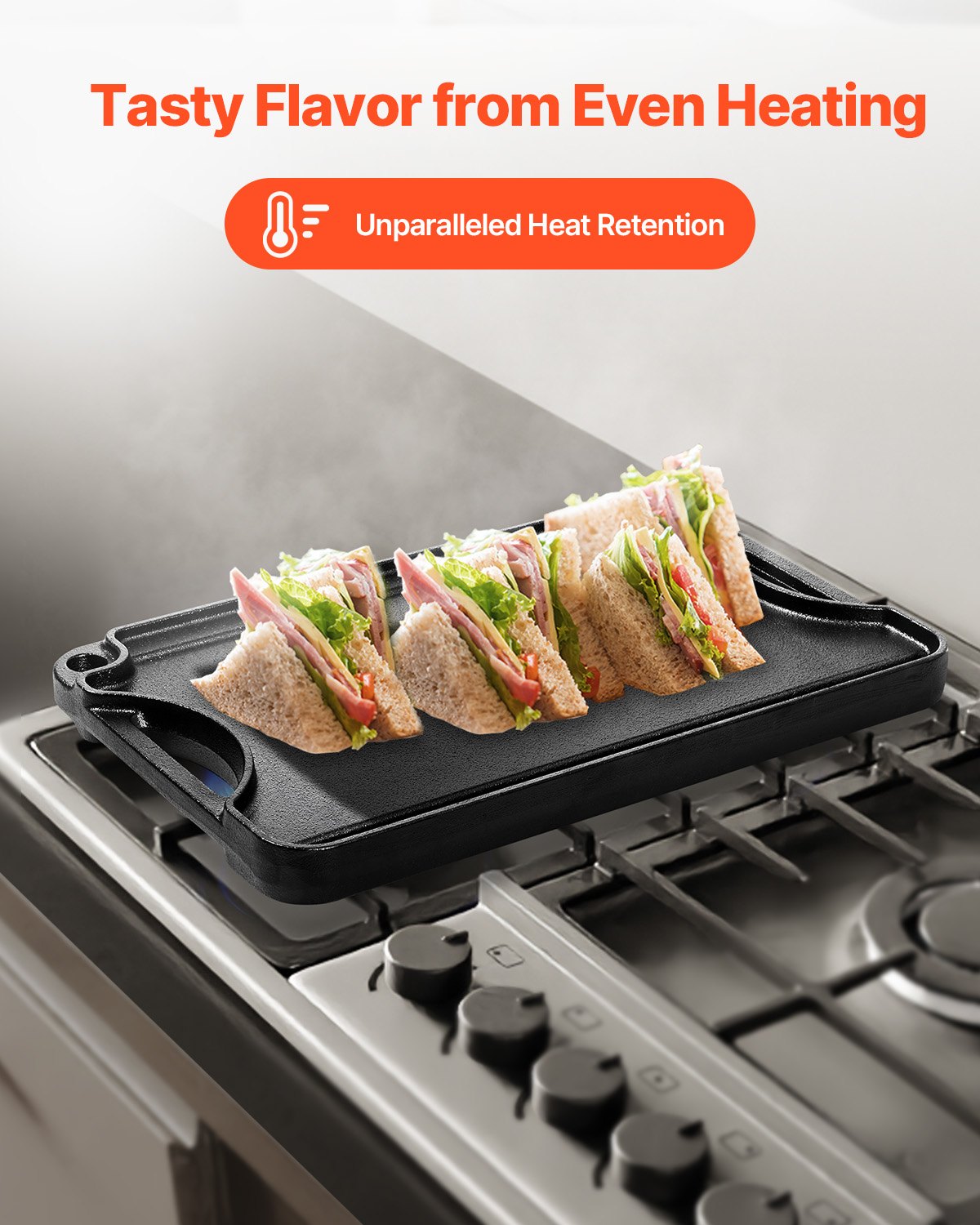 VEVOR Plancha de Hierro Fundido Reversible(185 x 342 mm), Sartén para Barbacoa Rectangular Portátil con Asa, Utensilios de Cocina Familiares para Interiores y Exteriores, Parrilla, Color Negro