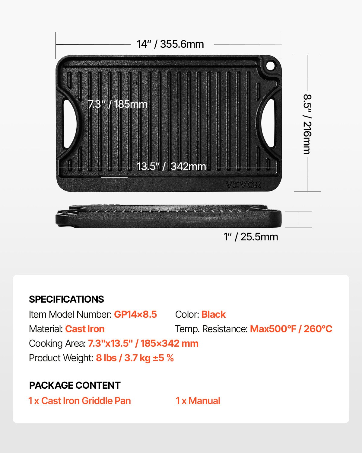 VEVOR Plancha de Hierro Fundido Reversible(185 x 342 mm), Sartén para Barbacoa Rectangular Portátil con Asa, Utensilios de Cocina Familiares para Interiores y Exteriores, Parrilla, Color Negro