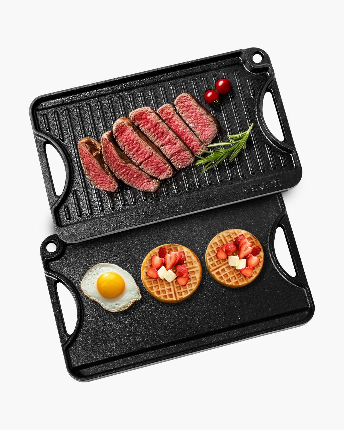 VEVOR Plancha de Hierro Fundido Reversible(185 x 342 mm), Sartén para Barbacoa Rectangular Portátil con Asa, Utensilios de Cocina Familiares para Interiores y Exteriores, Parrilla, Color Negro