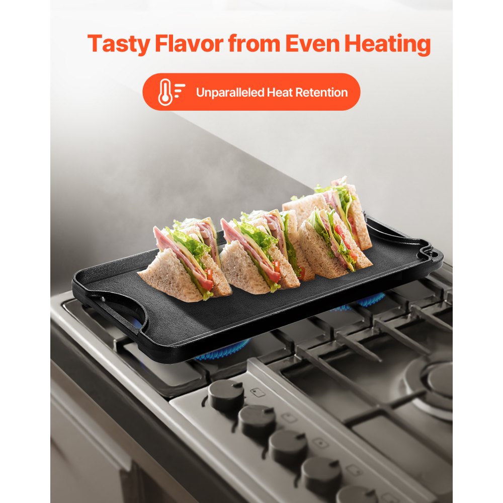 VEVOR Plancha Reversible de Hierro Fundido(492 x 218 mm), Sartén Rectangular Portátil con Asa, Utensilios de Cocina Familiares para Parrillas Interiores y Exteriores, Fácil de Limpiar, Negro