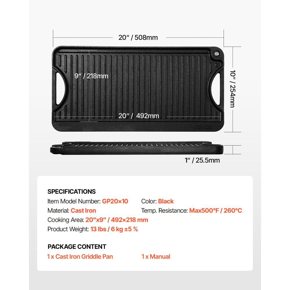 VEVOR Plancha Reversible de Hierro Fundido(492 x 218 mm), Sartén Rectangular Portátil con Asa, Utensilios de Cocina Familiares para Parrillas Interiores y Exteriores, Fácil de Limpiar, Negro