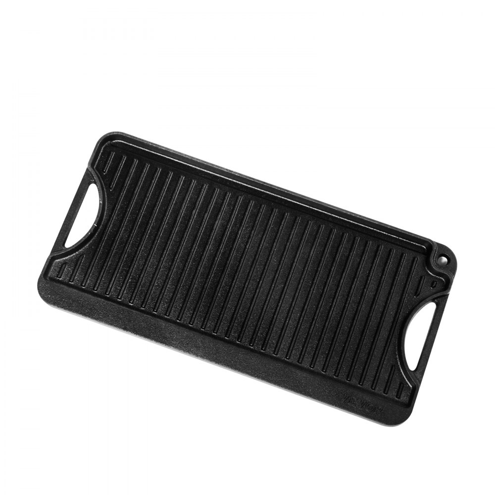 VEVOR Plancha Reversible de Hierro Fundido(492 x 218 mm), Sartén Rectangular Portátil con Asa, Utensilios de Cocina Familiares para Parrillas Interiores y Exteriores, Fácil de Limpiar, Negro