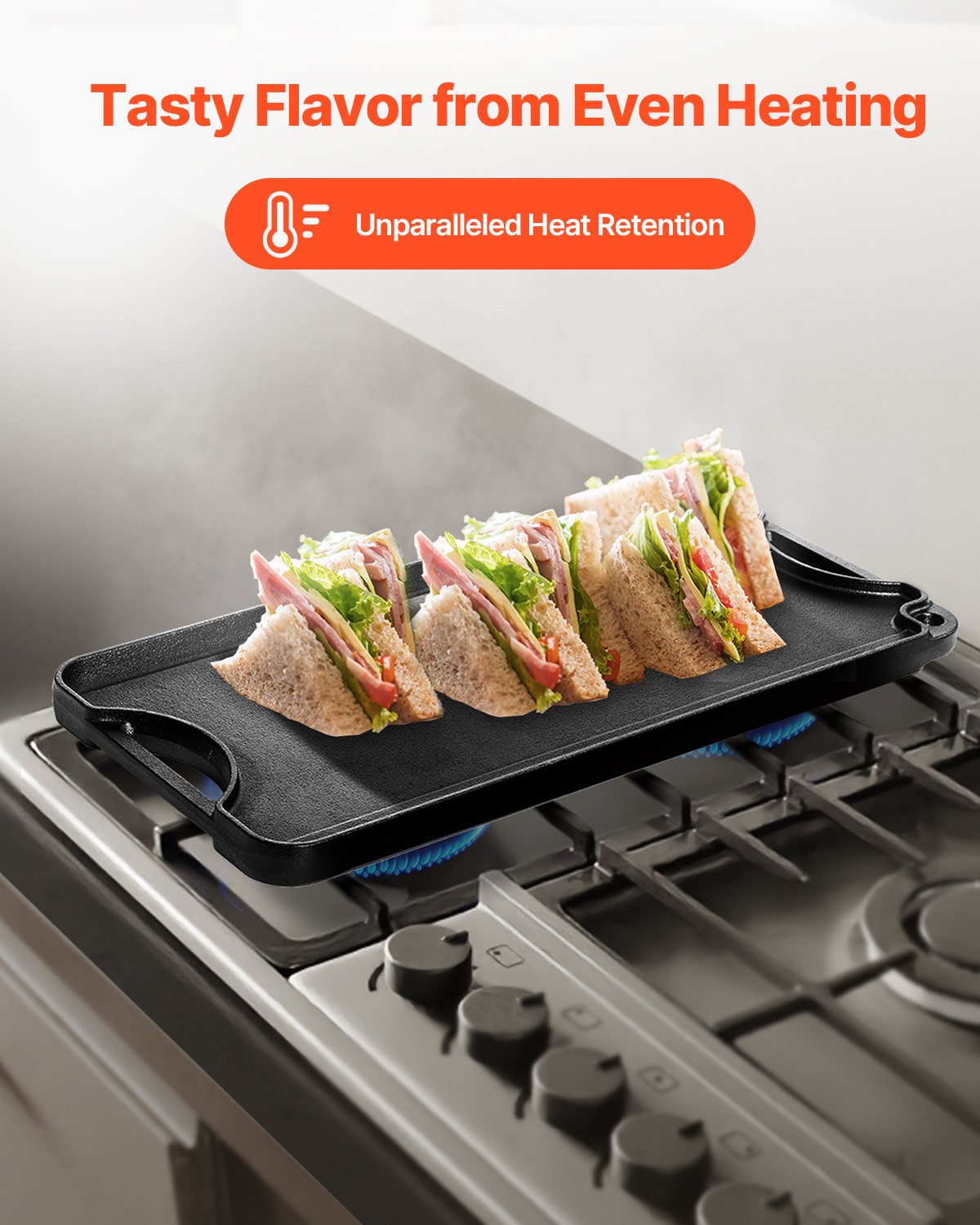 VEVOR Plancha Reversible de Hierro Fundido(492 x 218 mm), Sartén Rectangular Portátil con Asa, Utensilios de Cocina Familiares para Parrillas Interiores y Exteriores, Fácil de Limpiar, Negro