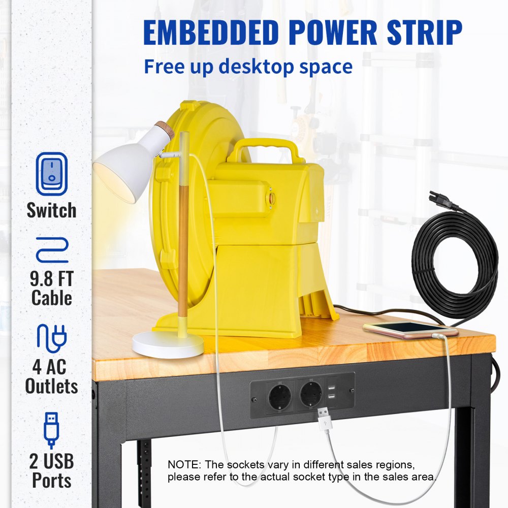 VEVOR Workbench, 1549 x 508 mm Workshop Table, Height Adjustable 688-914 mm, 900 kg Capacity, Incl. Power Connections, Hardwood Surface, Metal Frame & Foot Pads, Ideal for Garage, Office & Home