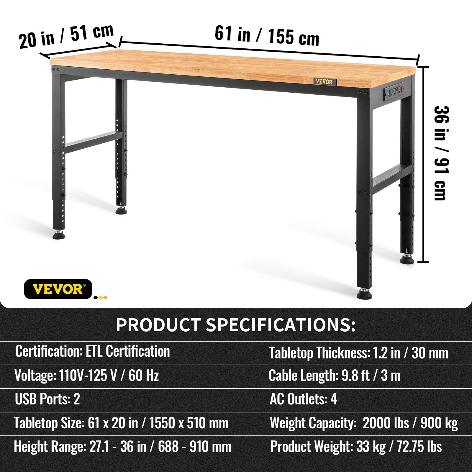 VEVOR Banco de Trabajo Ajustable Mesa de Trabajo de Garaje 1550x510 mm Alturas 688-910 mm Carga de 900 kg con Tomas de Corriente Estructura de Metal y Almohadillas para los Pies, para Taller