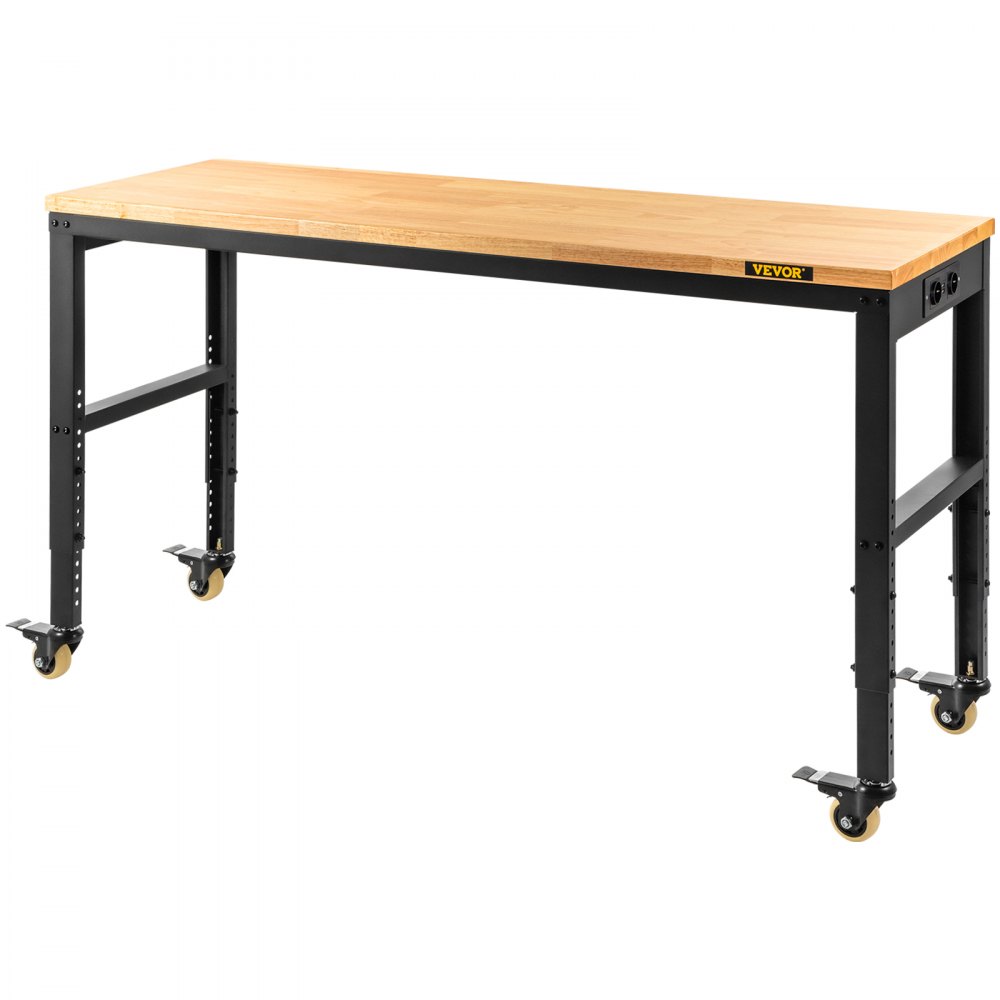 VEVOR workbench, height-adjustable, 154.9 x 50.8 cm, garage table with 79.5 cm – 104.9 cm height and 725.7 kg capacity, power outlets, hardwood top, metal frame and casters, for workshop and office.