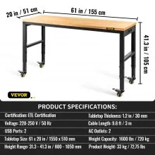 VEVOR Banco de Trabajo de Altura Ajustable 80-105 cm Banco para Taller Escritorio de Tablón de Roble 155x51 cm Marco de Acero Mesa de Trabajo con Ruedas Carga de 720 kg para Garajes Talleres Oficinas