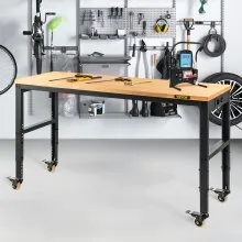 VEVOR Banco de Trabajo de Altura Ajustable 80-105 cm Banco para Taller Escritorio de Tablón de Roble 155x51 cm Marco de Acero Mesa de Trabajo con Ruedas Carga de 720 kg para Garajes Talleres Oficinas