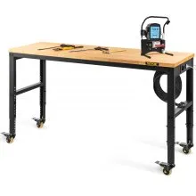 VEVOR Banco de Trabajo de Altura Ajustable 80-105 cm Banco para Taller Escritorio de Tablón de Roble 155x51 cm Marco de Acero Mesa de Trabajo con Ruedas Carga de 720 kg para Garajes Talleres Oficinas