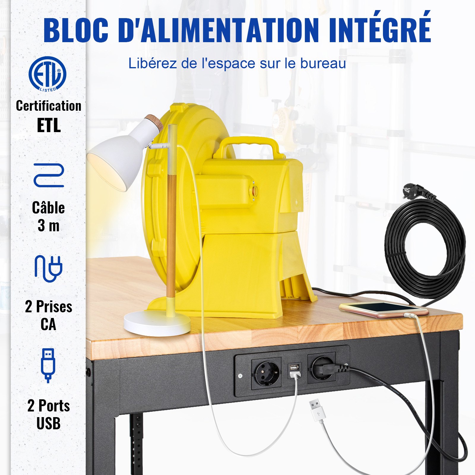 VEVOR Banco de Trabajo de Altura Ajustable 79-104 cm Banco para Taller Escritorio de Tablón de Roble 122x51 cm Marco de Acero Mesa de Trabajo con Ruedas Carga de 720 kg para Garajes Talleres Oficinas