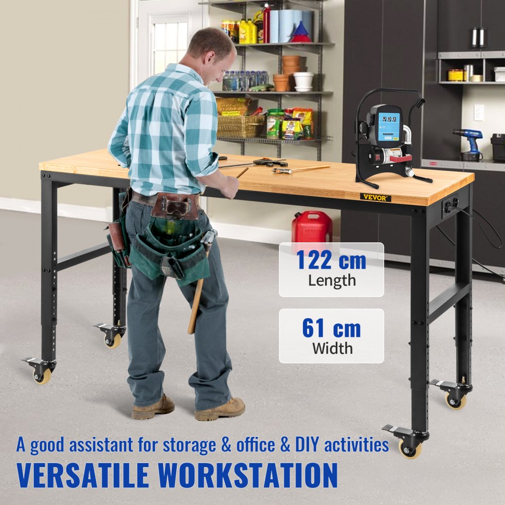 VEVOR workbench, height adjustable, 122 cm L x 61 cm W x 104 cm H, garage table with 79 cm – 104 cm height, 725.7 kg capacity, with sockets, hardwood top, metal frame & swivel caster