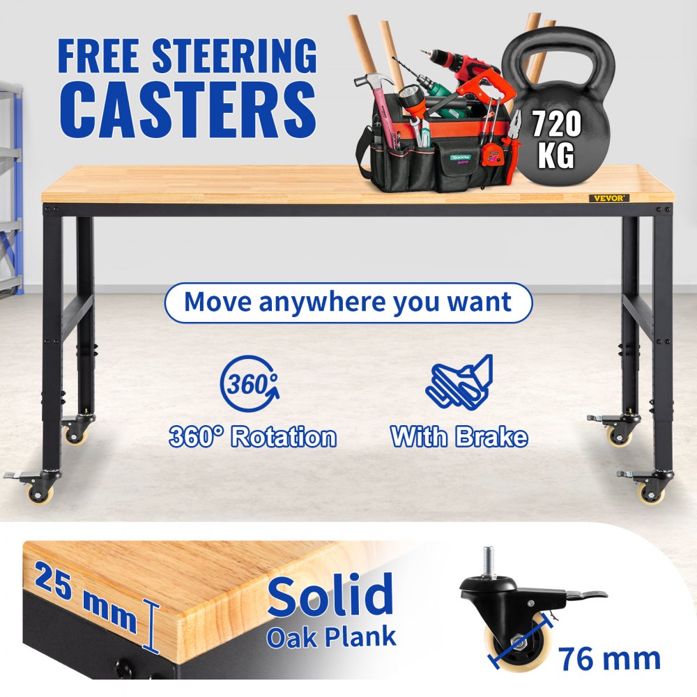 VEVOR workbench, height adjustable, 122 cm L x 61 cm W x 104 cm H, garage table with 79 cm – 104 cm height, 725.7 kg capacity, with sockets, hardwood top, metal frame & swivel caster