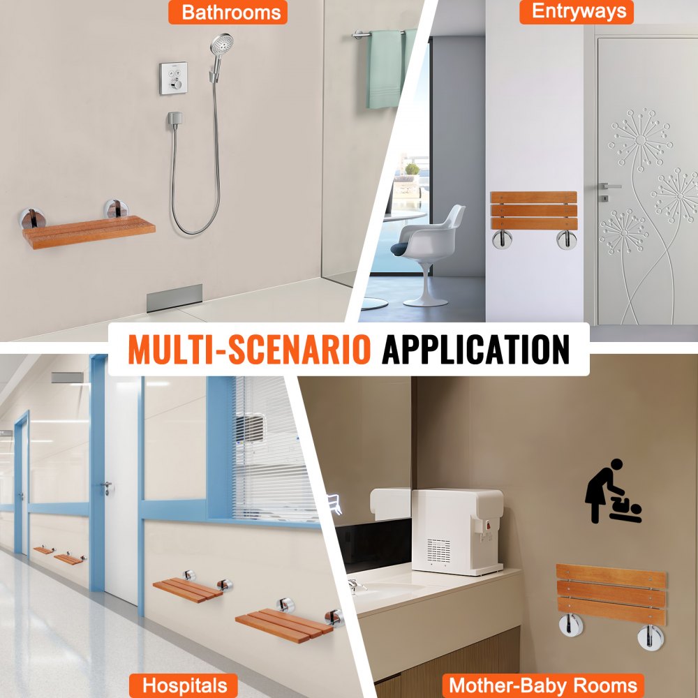 VEVOR Folding Teak Shower Seat, 50.6 x 33.3 cm unfolded, wall-mounted fold-up shower bench with 200 kg load capacity, space-saving fold-down shower chair for home care