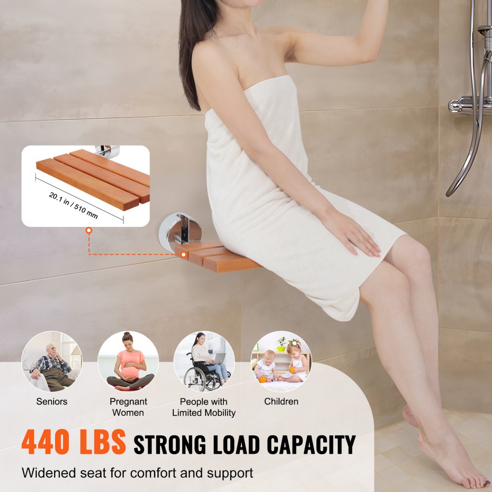 VEVOR Asiento de ducha plegable de teca, 20.1" x 13.2" desplegado, banco de ducha plegable montado en la pared con capacidad de carga de 440 libras, silla de ducha plegable para el cuidado del hogar que ahorra espacio, para personas mayores, mujeres embarazadas y niños