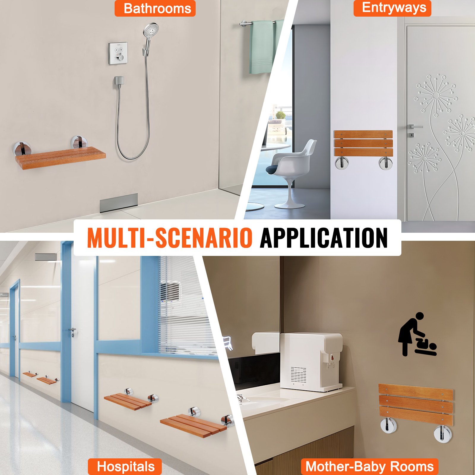 VEVOR Folding Teak Shower Seat, 50.6 x 33.3 cm unfolded, wall-mounted fold-up shower bench with 200 kg load capacity, space-saving fold-down shower chair for home care