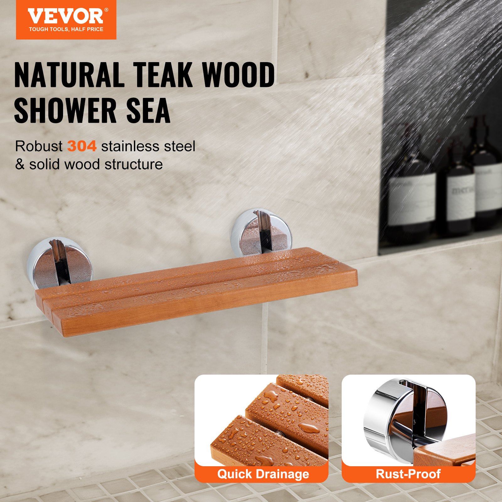 VEVOR Asiento de ducha plegable de teca, 20.1" x 13.2" desplegado, banco de ducha plegable montado en la pared con capacidad de carga de 440 libras, silla de ducha plegable para el cuidado del hogar que ahorra espacio, para personas mayores, mujeres embarazadas y niños