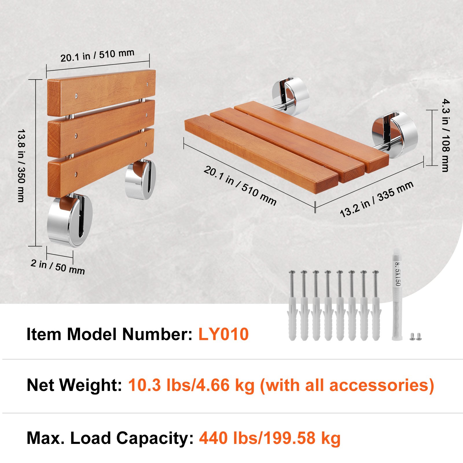 VEVOR Asiento de ducha plegable de teca, 20.1" x 13.2" desplegado, banco de ducha plegable montado en la pared con capacidad de carga de 440 libras, silla de ducha plegable para el cuidado del hogar que ahorra espacio, para personas mayores, mujeres embarazadas y niños