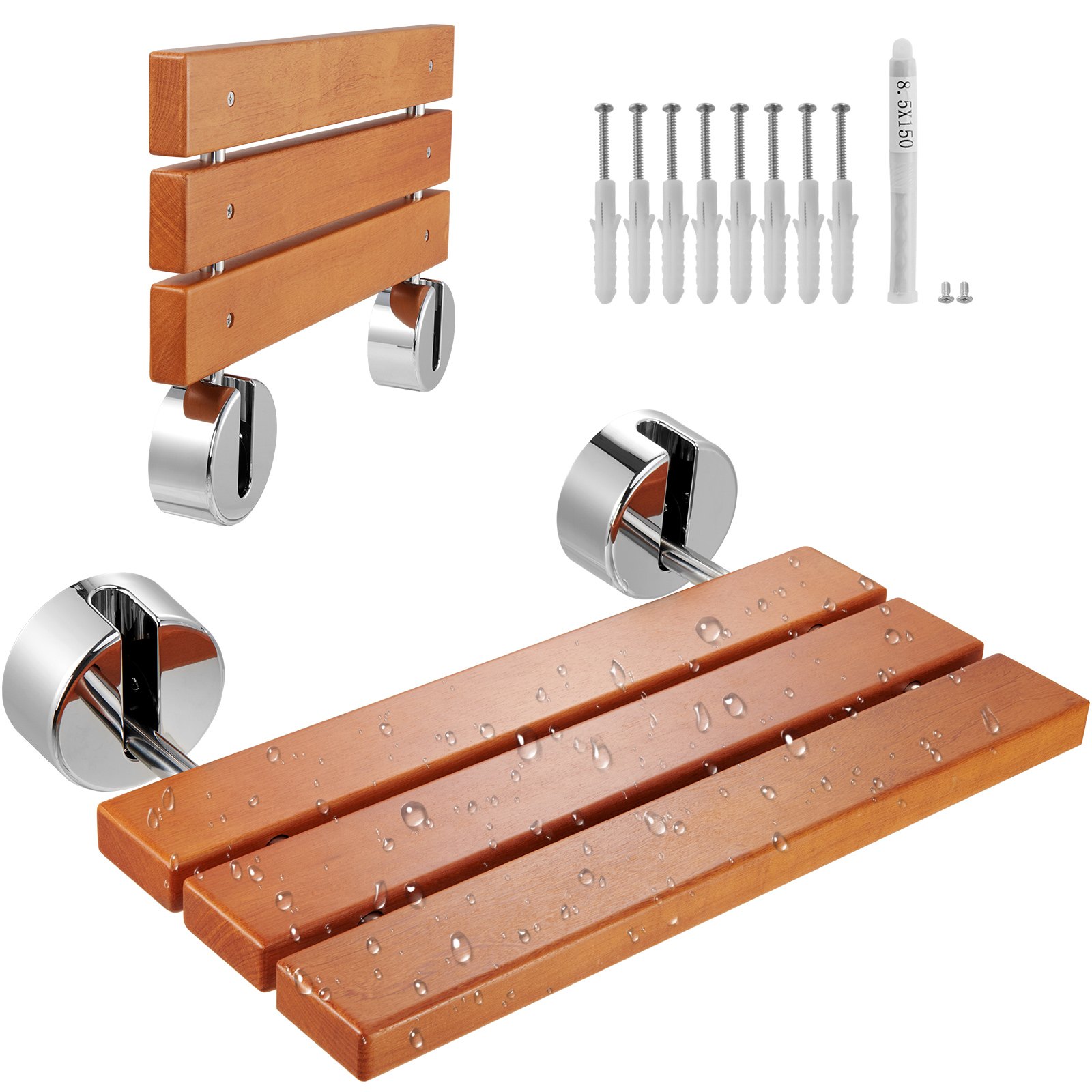 VEVOR Asiento de ducha plegable de teca, 20.1" x 13.2" desplegado, banco de ducha plegable montado en la pared con capacidad de carga de 440 libras, silla de ducha plegable para el cuidado del hogar que ahorra espacio, para personas mayores, mujeres embarazadas y niños