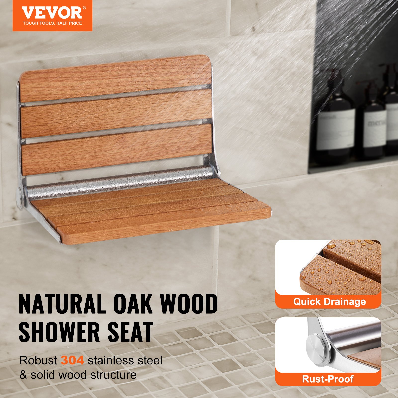 VEVOR Asiento de ducha plegable de roble, 16.1" x 13.4" desplegado, banco de ducha plegable montado en la pared con capacidad de carga de 440 libras, silla de ducha plegable para el cuidado del hogar que ahorra espacio, para personas mayores, mujeres embarazadas y niños