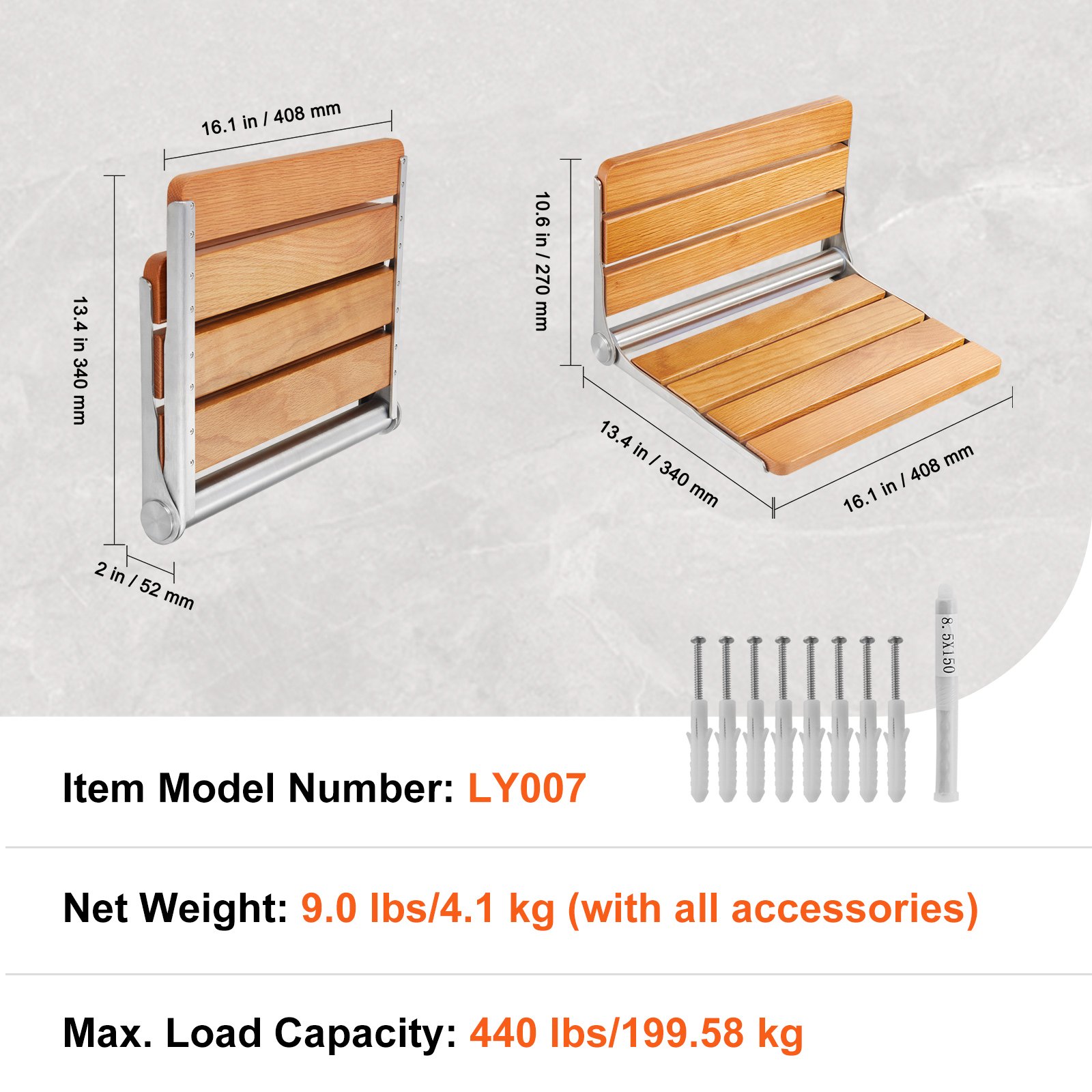 VEVOR Asiento de ducha plegable de roble, 16.1" x 13.4" desplegado, banco de ducha plegable montado en la pared con capacidad de carga de 440 libras, silla de ducha plegable para el cuidado del hogar que ahorra espacio, para personas mayores, mujeres embarazadas y niños