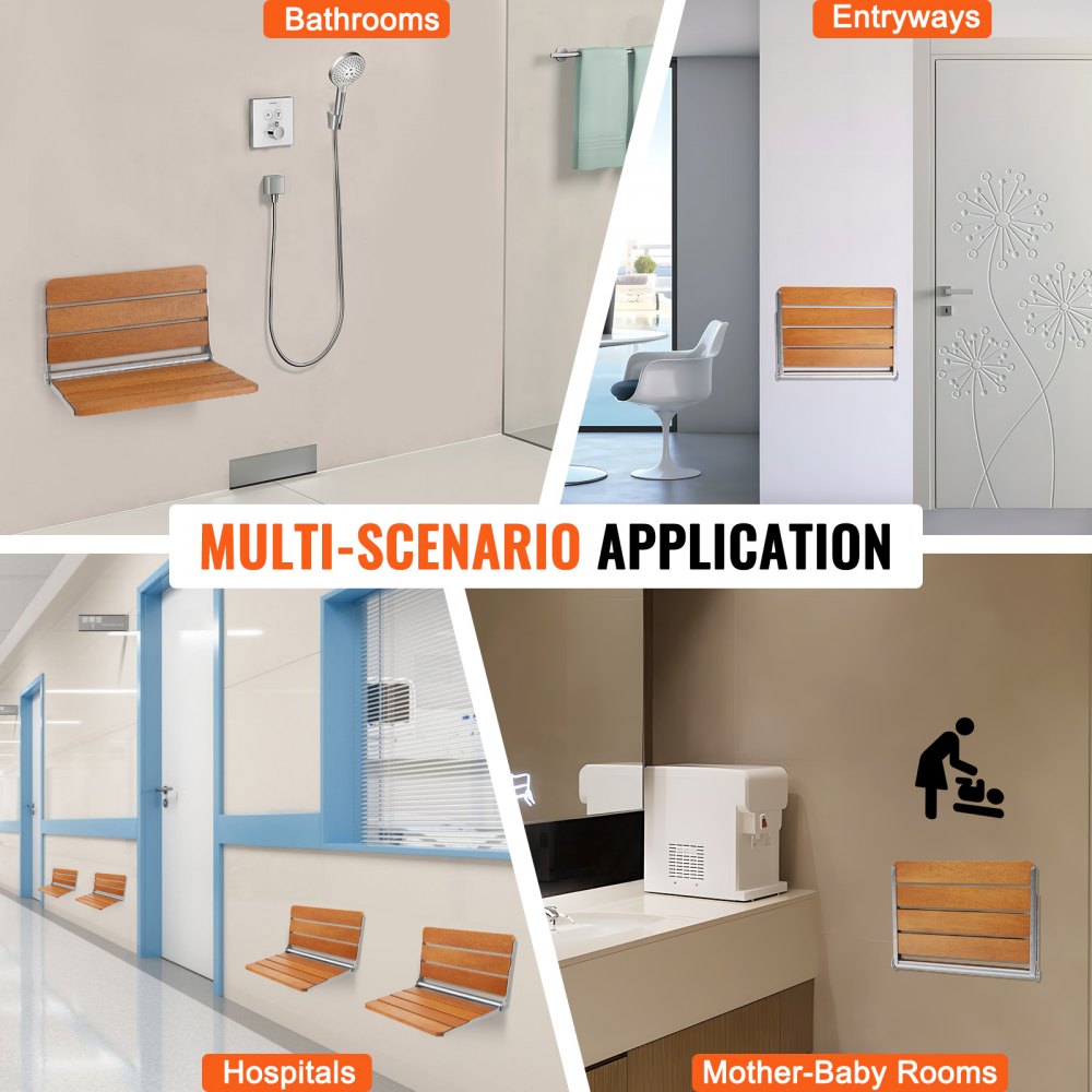 VEVOR Folding Shower Seat Teak, Wall-Mounted Foldable Shower Bench with 227 kg Load Capacity, Space-Saving Foldable Shower Chair for Seniors, Pregnant Women, Children 530 x 406 x 318 mm