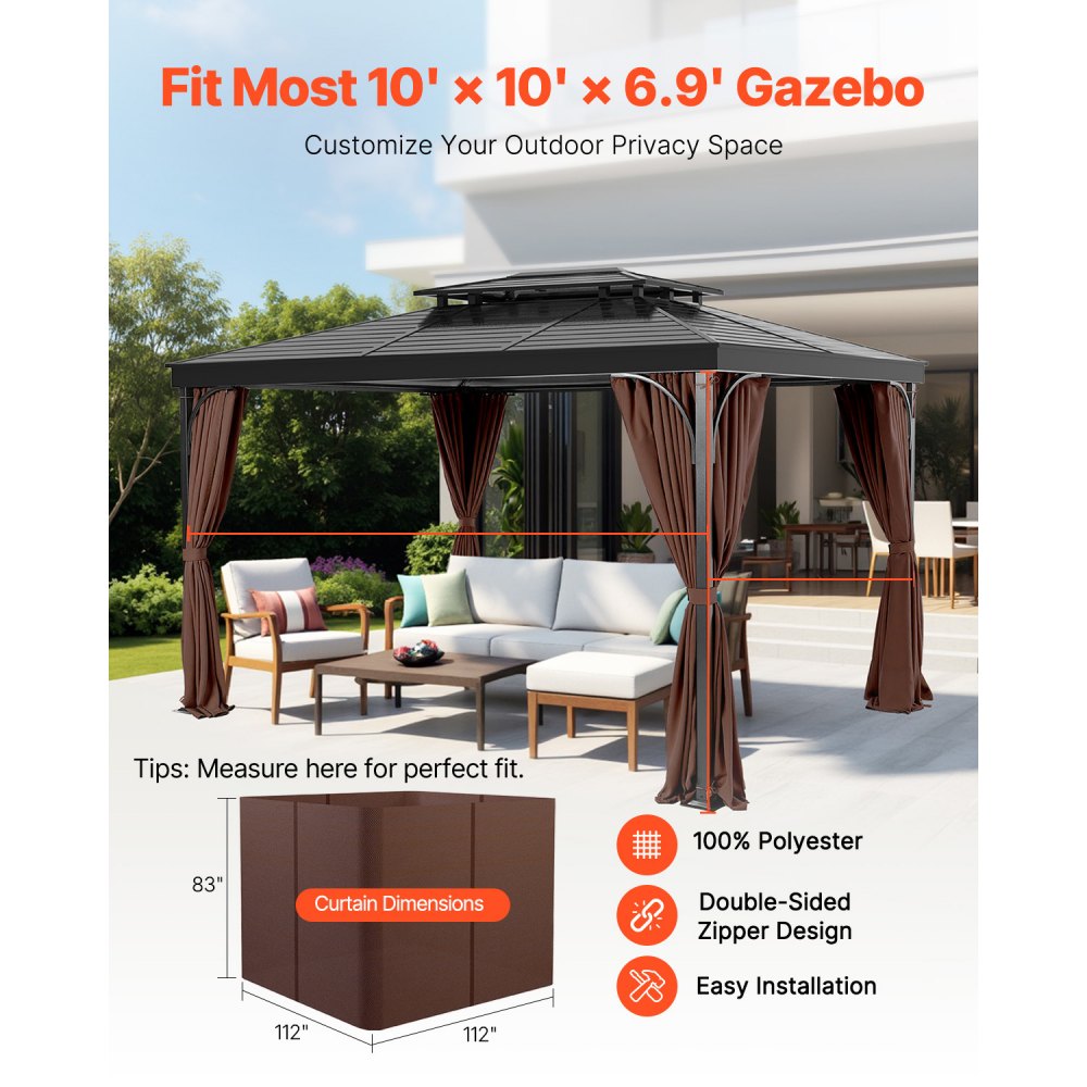 VEVOR Cortinas para Cenador para Exteriores 284 x 284 x 211 cm, Cortinas de Privacidad para Cenador de 4 paneles Laterales con Cremalleras, Cortinas Parasol Universales Reemplazo, Color de Café