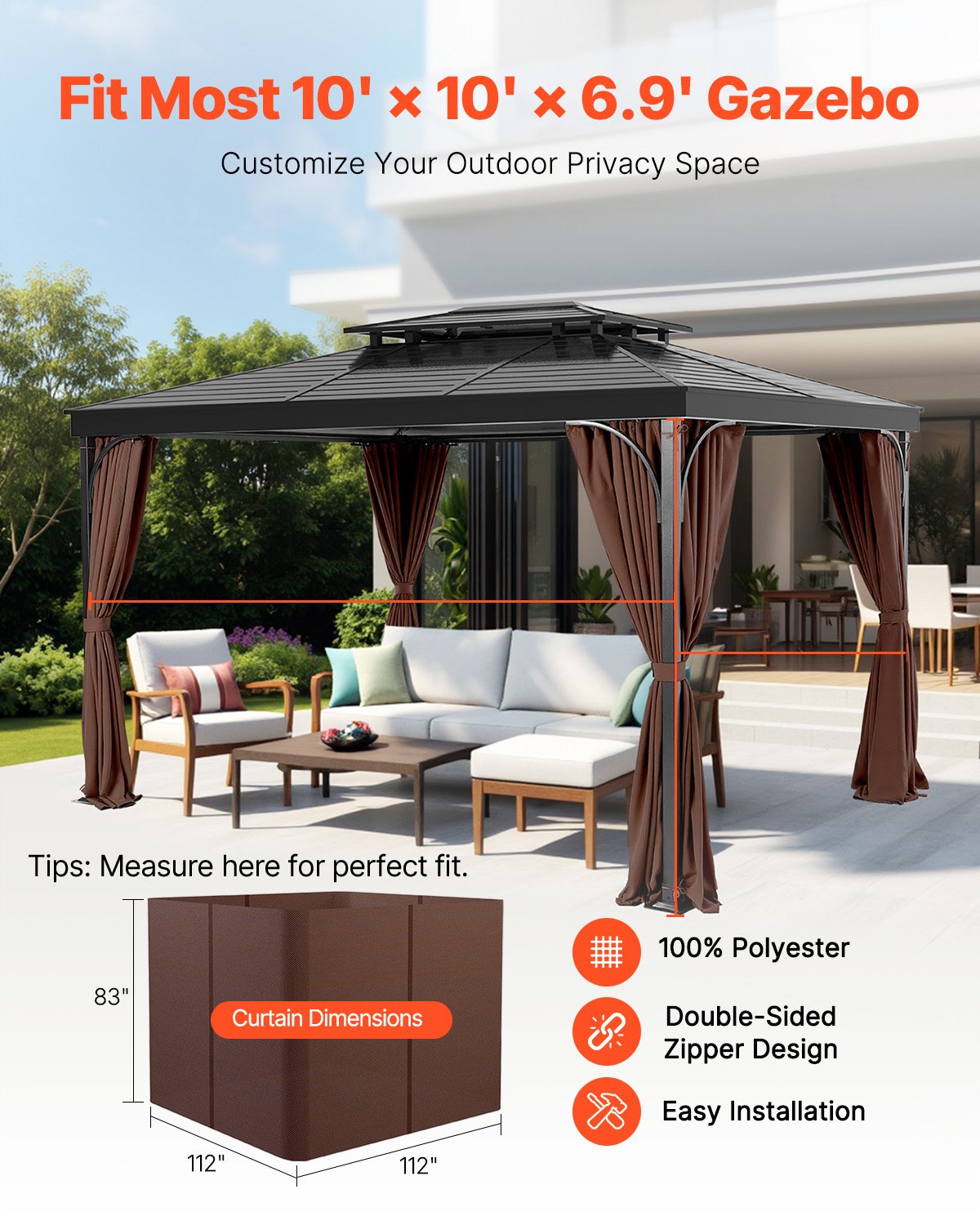 VEVOR Cortinas para Cenador para Exteriores 284 x 284 x 211 cm, Cortinas de Privacidad para Cenador de 4 paneles Laterales con Cremalleras, Cortinas Parasol Universales Reemplazo, Color de Café