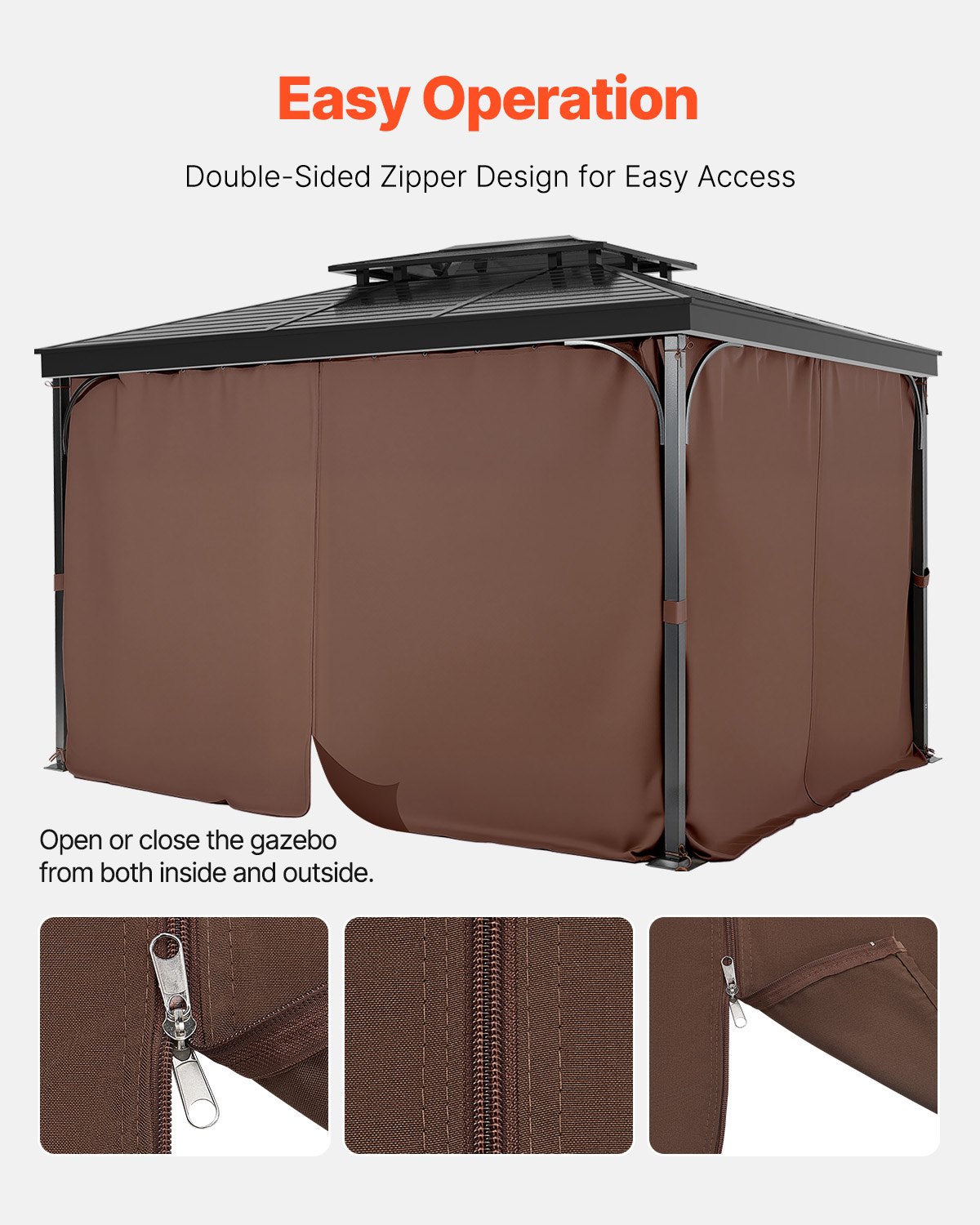 VEVOR Cortinas para Cenador para Exteriores Cortina de Cenador con Privacidad 344 x 344 x 213 cm de Poliéster 4 Paneles Laterales con Cremallera Repuesto Universal para Toldo de Patio, Color Café