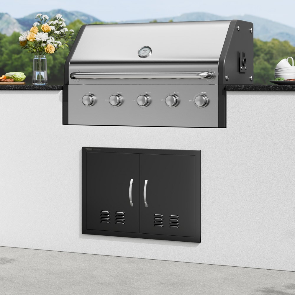 VEVOR Puerta de Acceso a Barbacoa 762 x 533 x 46 mm Puerta de Cocina Exterior Doble Puerta Empotrada de Acero Inoxidable con Manija para Isla de Barbacoa, Estación de Parrilla, Armario Exterior, Negro