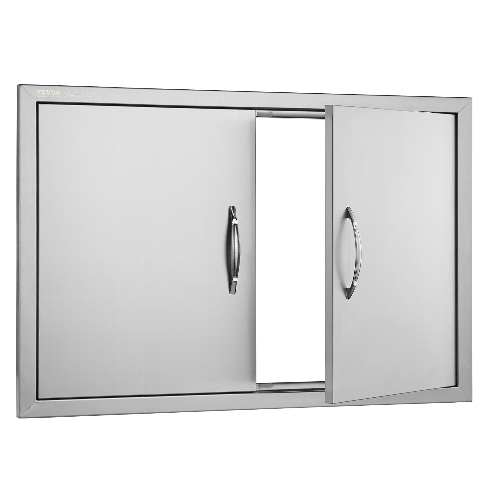 Puerta de acceso para barbacoa VEVOR de acero inoxidable con dos manijas, una puerta parcialmente abierta.