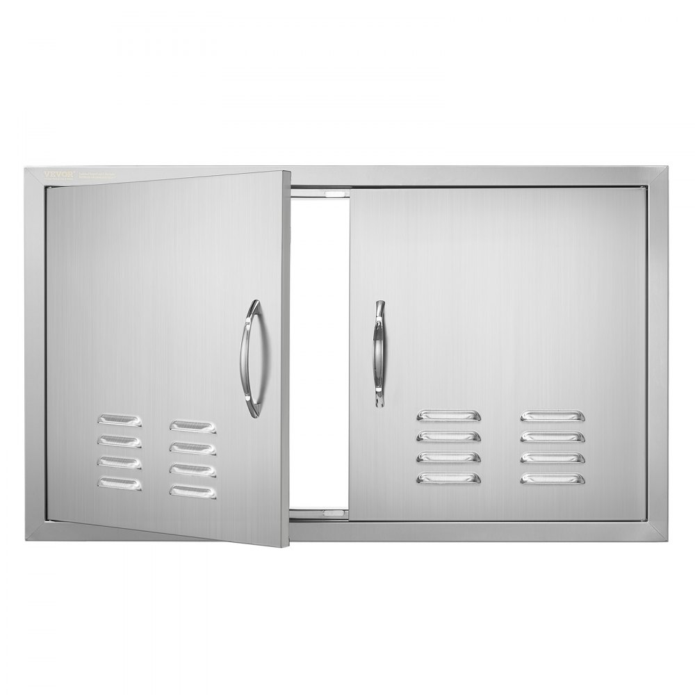 Puerta de acceso para barbacoa VEVOR de acero inoxidable con ranuras de ventilación y manijas elegantes.