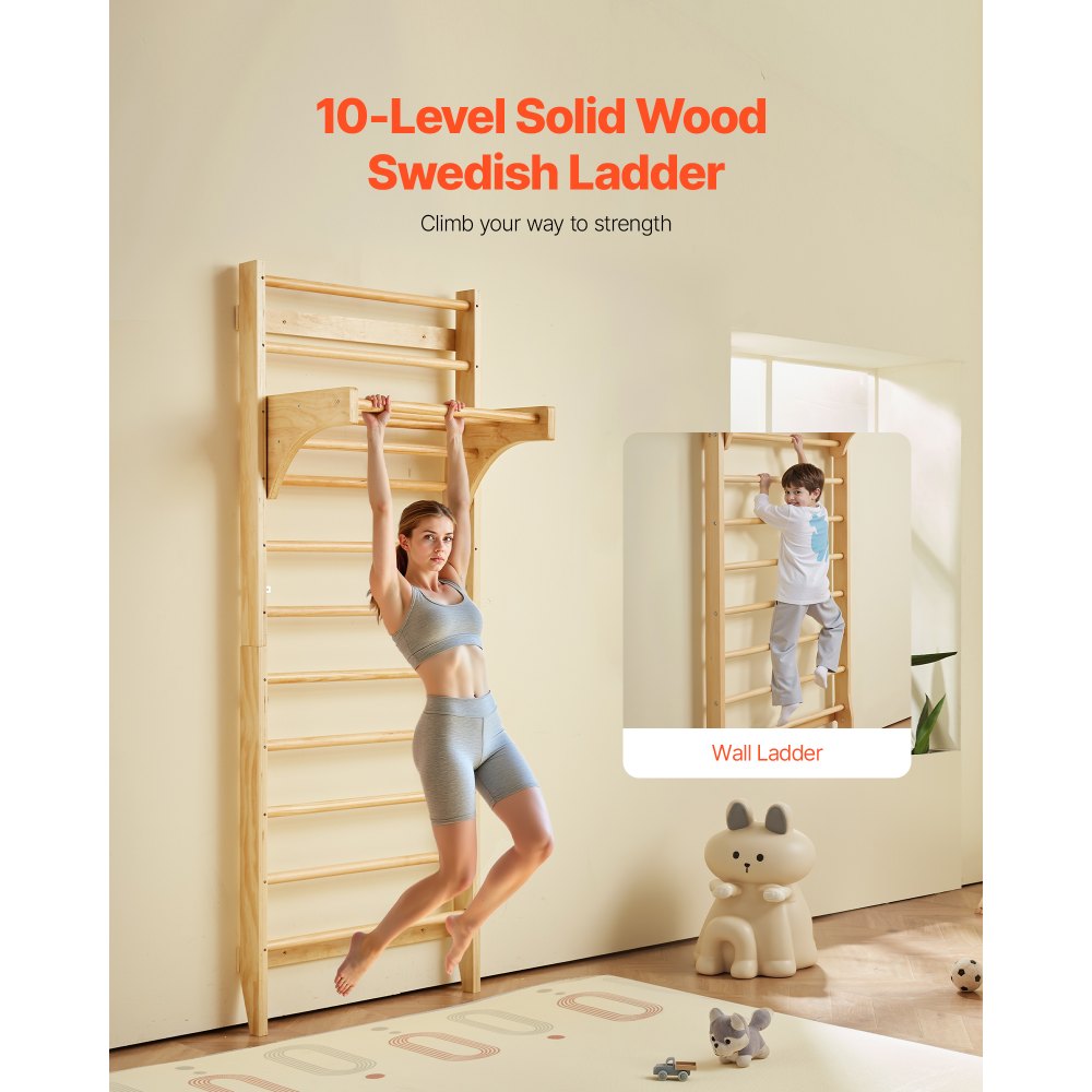 VEVOR Gimnasio de Pared con Escalera Sueca, Gimnasio Interior de Madera Maciza de 10 Niveles, Escalera de Escalada Carga de 99,8 kg, Barras de Gimnasia con Barra de Dominadas para Niños y Adultos