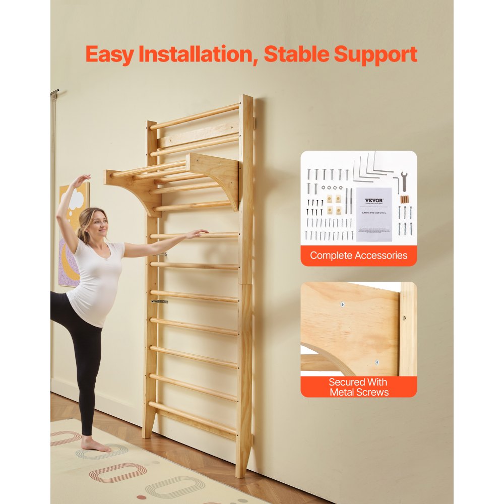 VEVOR Gimnasio de Pared con Escalera Sueca, Gimnasio Interior de Madera Maciza de 10 Niveles, Escalera de Escalada Carga de 99,8 kg, Barras de Gimnasia con Barra de Dominadas para Niños y Adultos