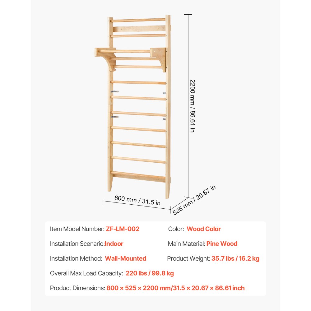 VEVOR Gimnasio de Pared con Escalera Sueca, Gimnasio Interior de Madera Maciza de 10 Niveles, Escalera de Escalada Carga de 99,8 kg, Barras de Gimnasia con Barra de Dominadas para Niños y Adultos