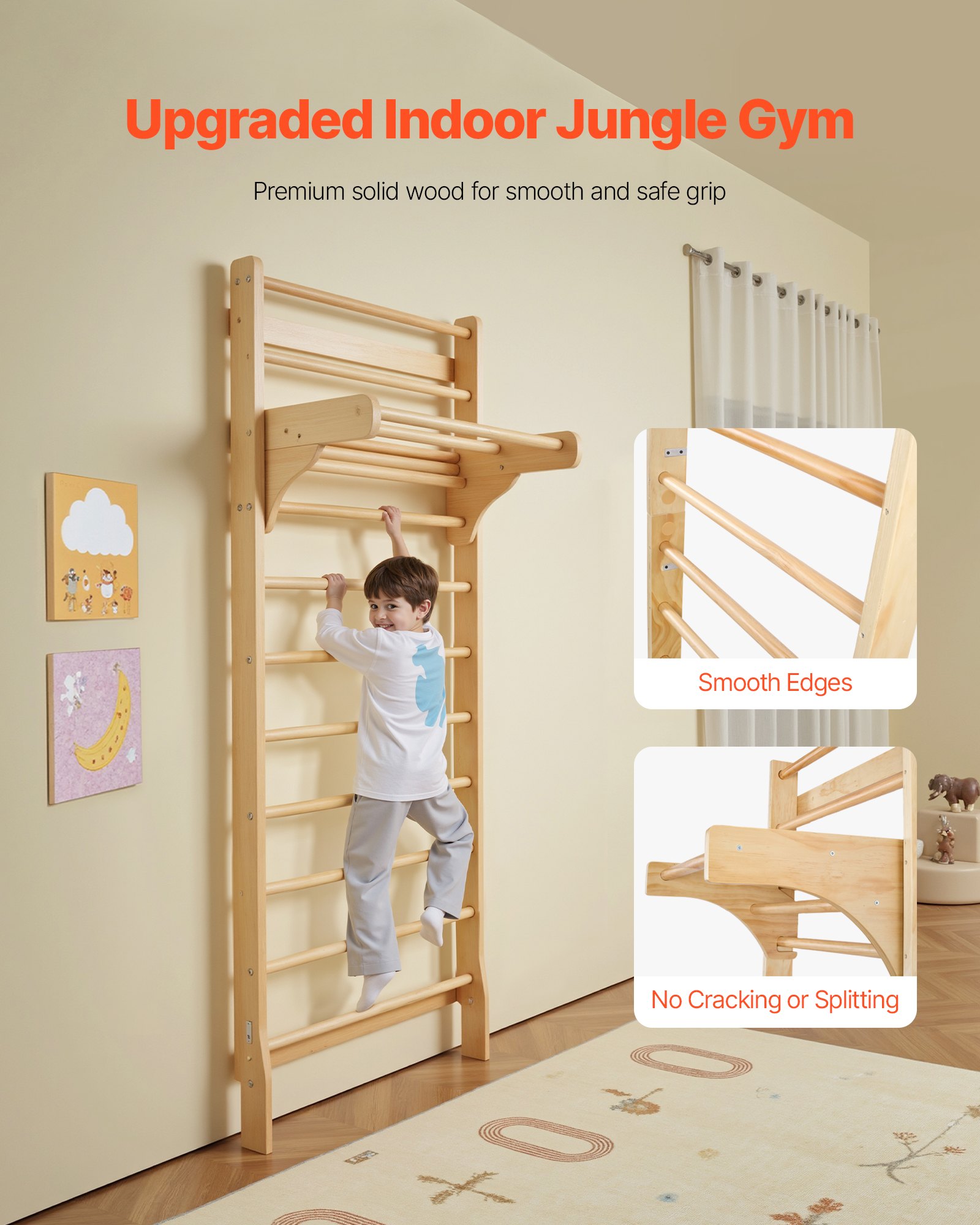 VEVOR Gimnasio de Pared con Escalera Sueca, Gimnasio Interior de Madera Maciza de 10 Niveles, Escalera de Escalada Carga de 99,8 kg, Barras de Gimnasia con Barra de Dominadas para Niños y Adultos