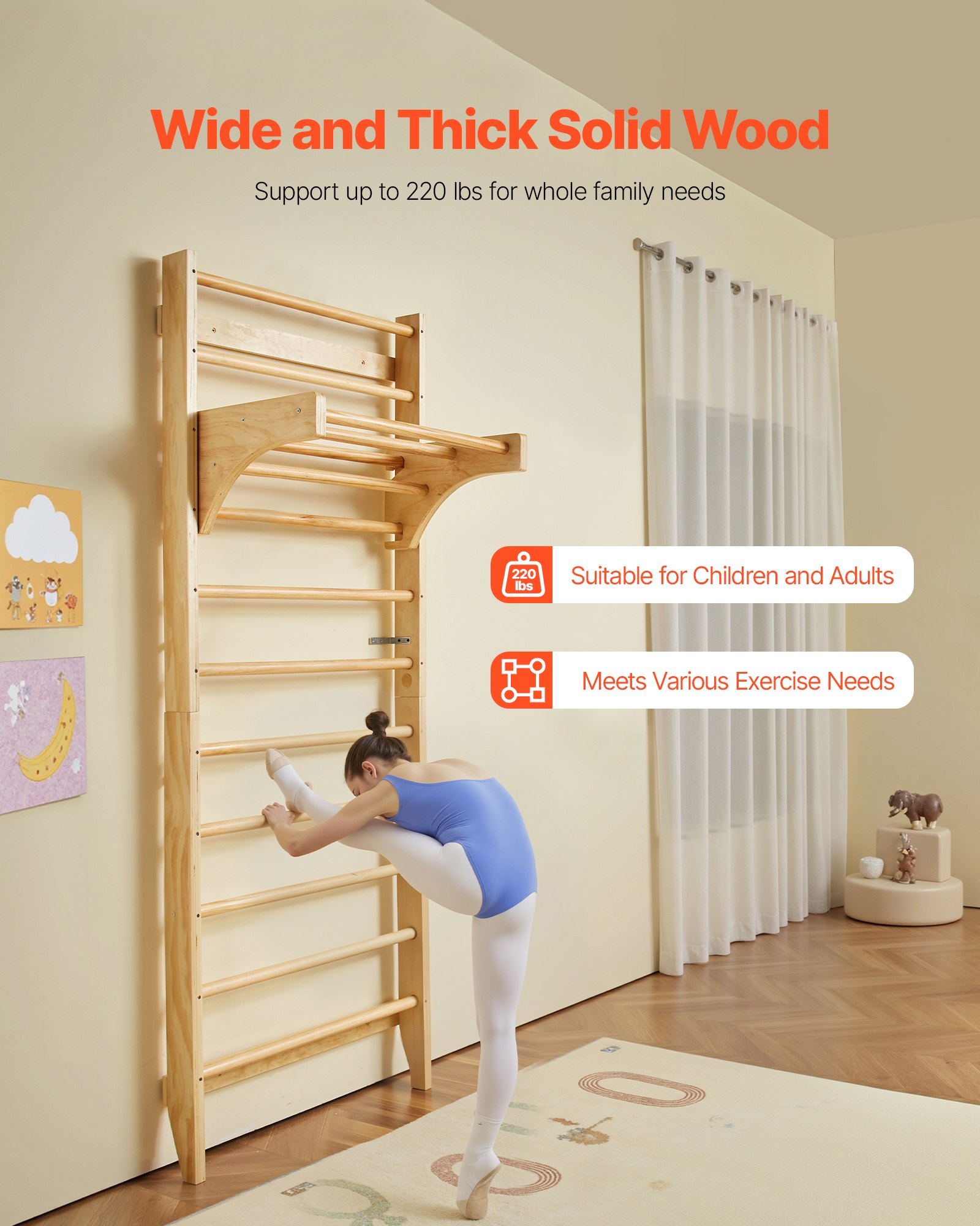 VEVOR Gimnasio de Pared con Escalera Sueca, Gimnasio Interior de Madera Maciza de 10 Niveles, Escalera de Escalada Carga de 99,8 kg, Barras de Gimnasia con Barra de Dominadas para Niños y Adultos