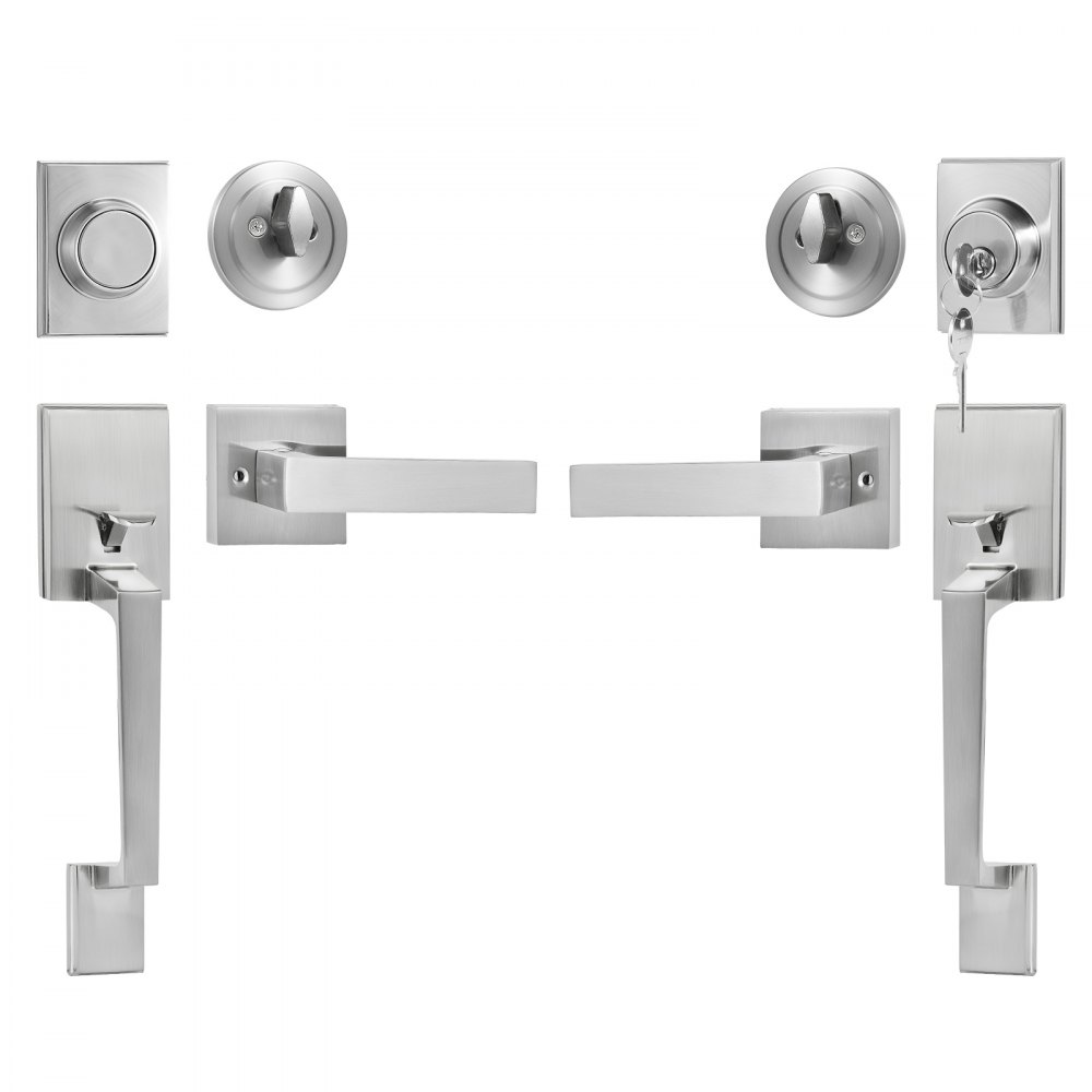 VEVOR Juego de manijas de puerta doble, juego de cerradura de puerta doble con palanca de manija reversible, palanca de puerta cuadrada níquel satinado, juego de manija de puerta delantera