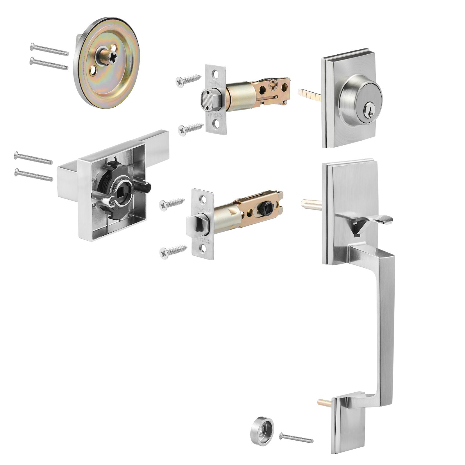 VEVOR Juego de manijas de puerta doble, juego de cerradura de puerta doble con palanca de manija reversible, palanca de puerta cuadrada níquel satinado, juego de manija de puerta delantera