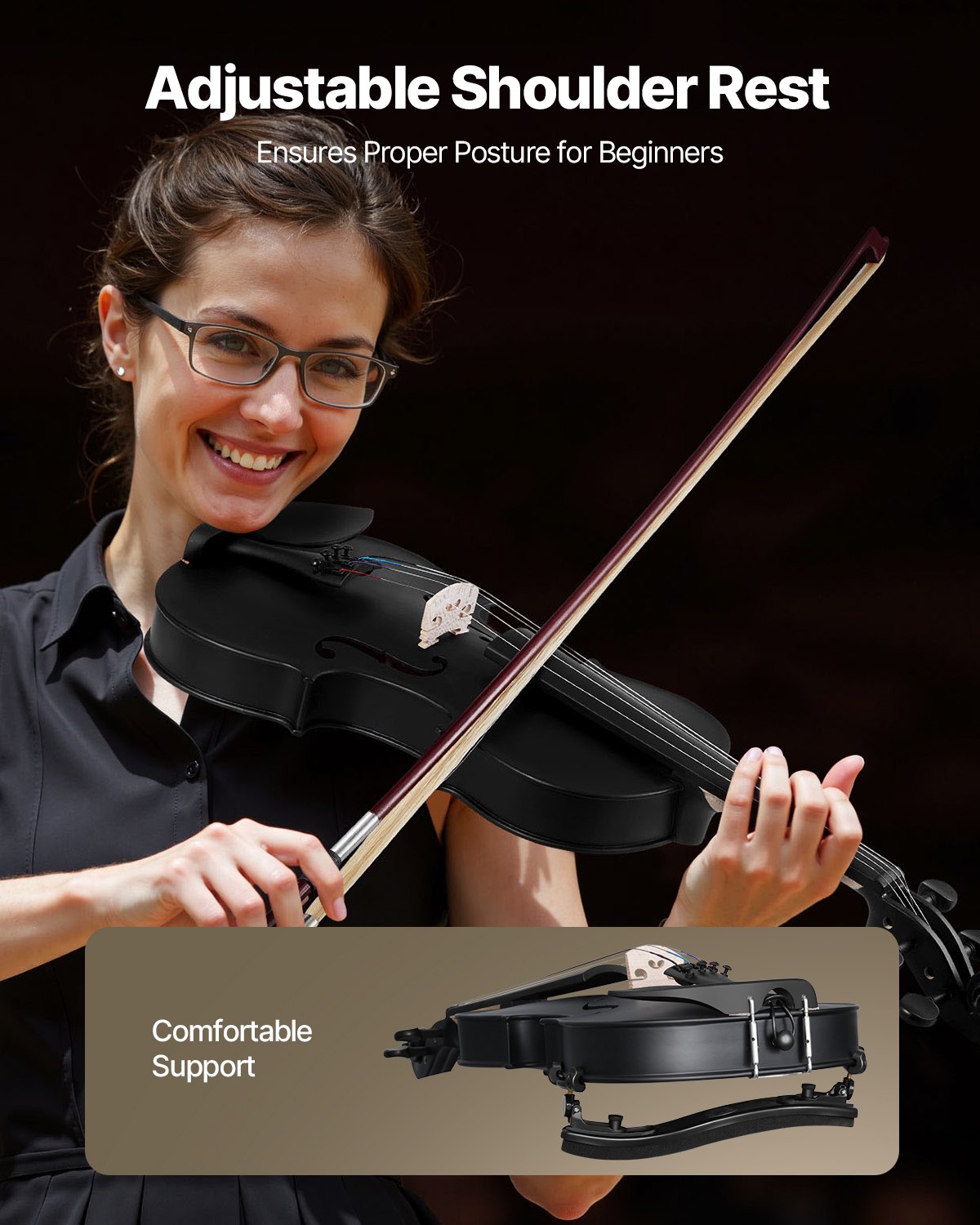 VEVOR Violín de 4/4 355 mm de Tamaño Completo Instrumento de Madera Maciza, Negro