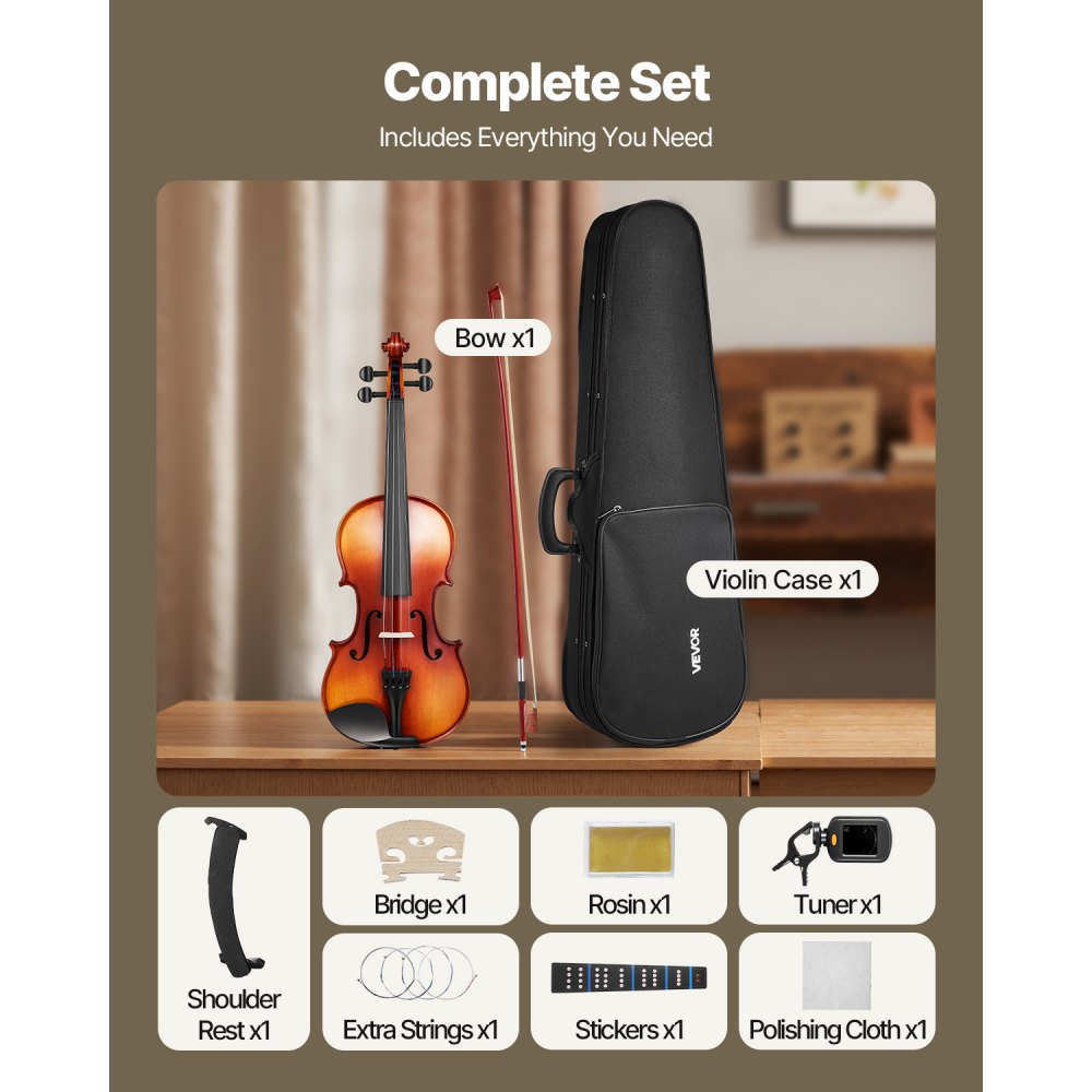 VEVOR Violin 355mm Full Size for Adults, Violin Fiddle Set for Beginners Student with Hard Case,Rosin, Bow,Shoulder Rest,Bridge,Extra Strings,Professional Solidwood Instrument (Glossy Brown Patterned)