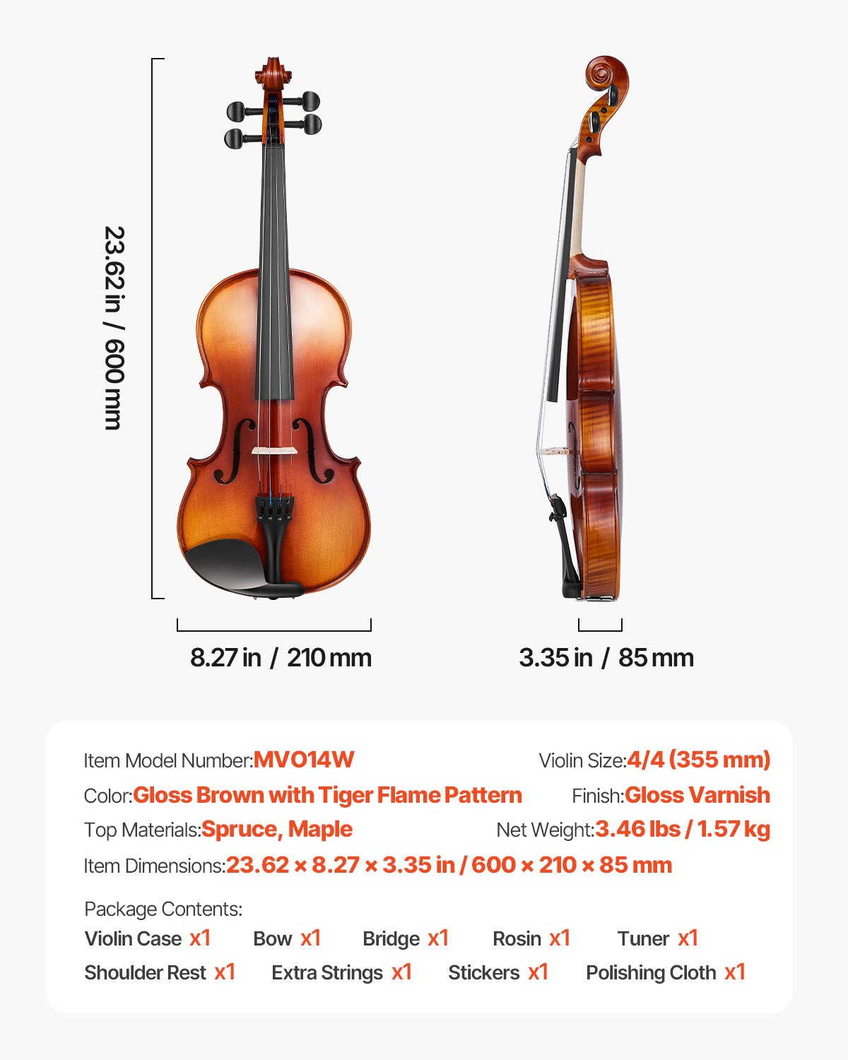 VEVOR Violin 355mm Full Size for Adults, Violin Fiddle Set for Beginners Student with Hard Case,Rosin, Bow,Shoulder Rest,Bridge,Extra Strings,Professional Solidwood Instrument (Glossy Brown Patterned)