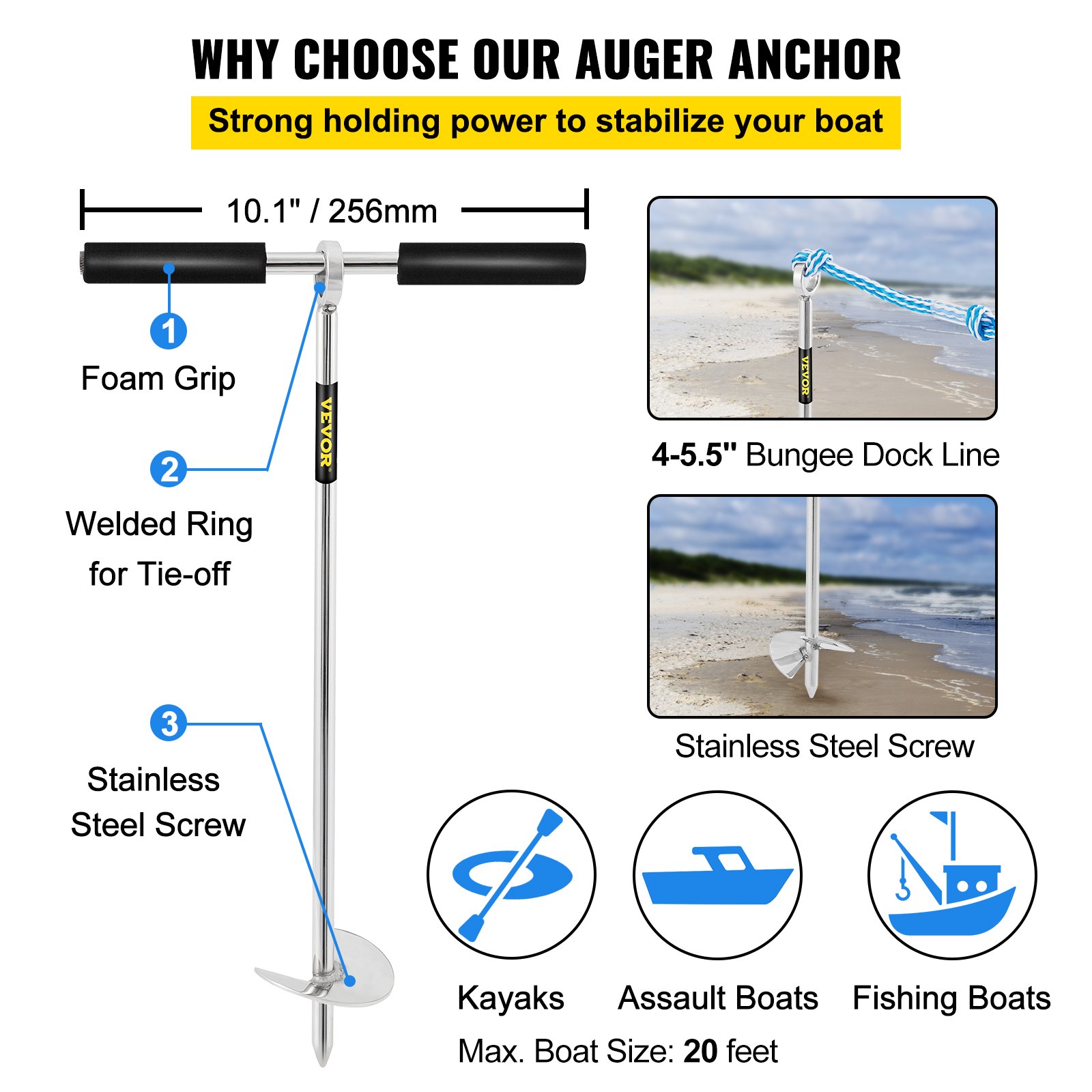 VEVOR Sand Anchor for Beach and Sandbank, 45 cm Stainless Steel 316 Screw Anchor with Detachable Handle, Bungee Cord and Carrying Bag, for Jet Ski, PWC, Pontoon Kayak