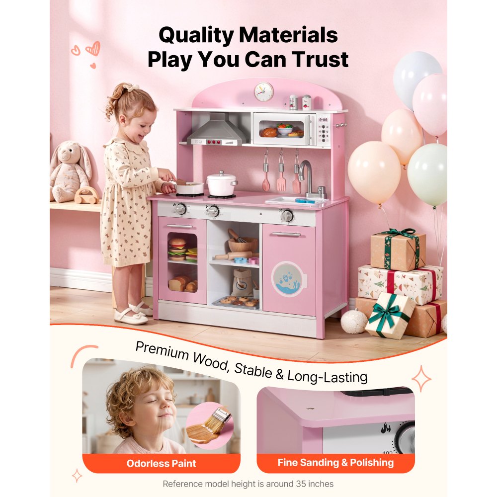 VEVOR Cocina de Juguete para Niños de 3 a 8 Años, Cocinita Infantil de Madera con Luces y Sonidos, Áreas Interactivas con Microondas, Lavavajillas, Accesorios, Juego de Cocina con Almacenamiento, Rosa