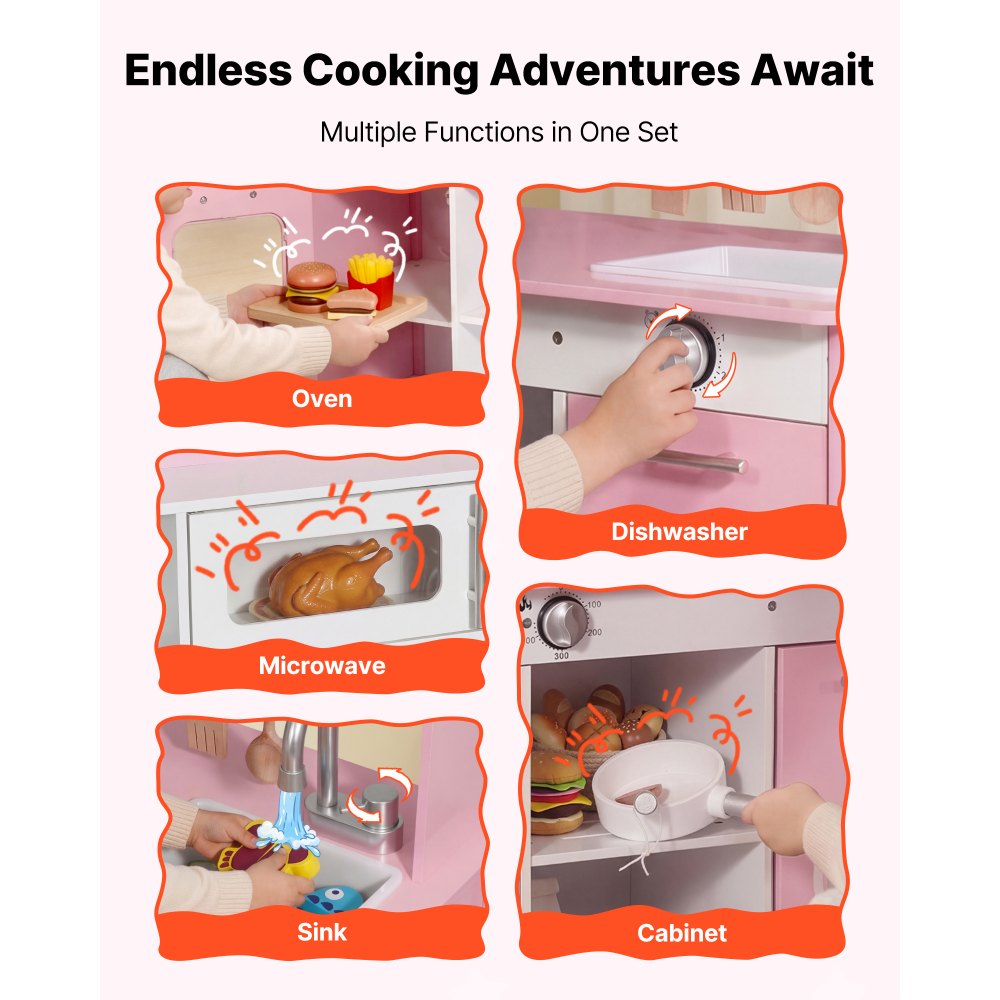 VEVOR Cocina de Juguete para Niños de 3 a 8 Años, Cocinita Infantil de Madera con Luces y Sonidos, Áreas Interactivas con Microondas, Lavavajillas, Accesorios, Juego de Cocina con Almacenamiento, Rosa